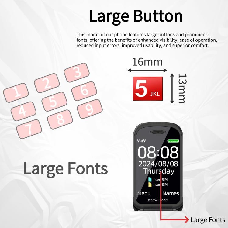 Mafam F899 Flip Phone, 2.4 inch, 32MB+32MB, Support FM, SOS, GSM, Family Number, Big Keys, Dual SIM, US Plug, US Plug
