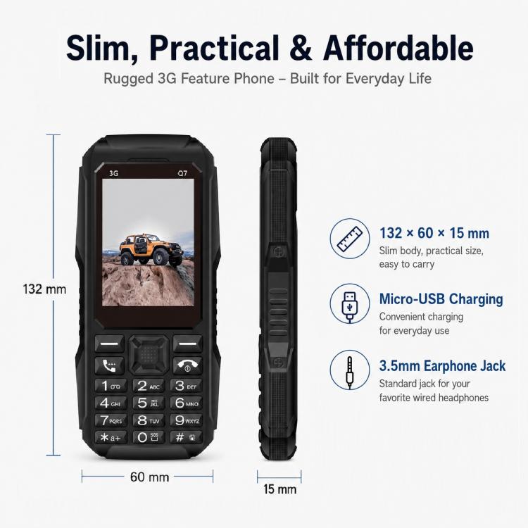 Q7 3G Key Phone, 3600mAh Battery, 2.4 inch, SOS, 21 Keys, Dual SIM, Network: 3G, Support Whatsapp, Facebook