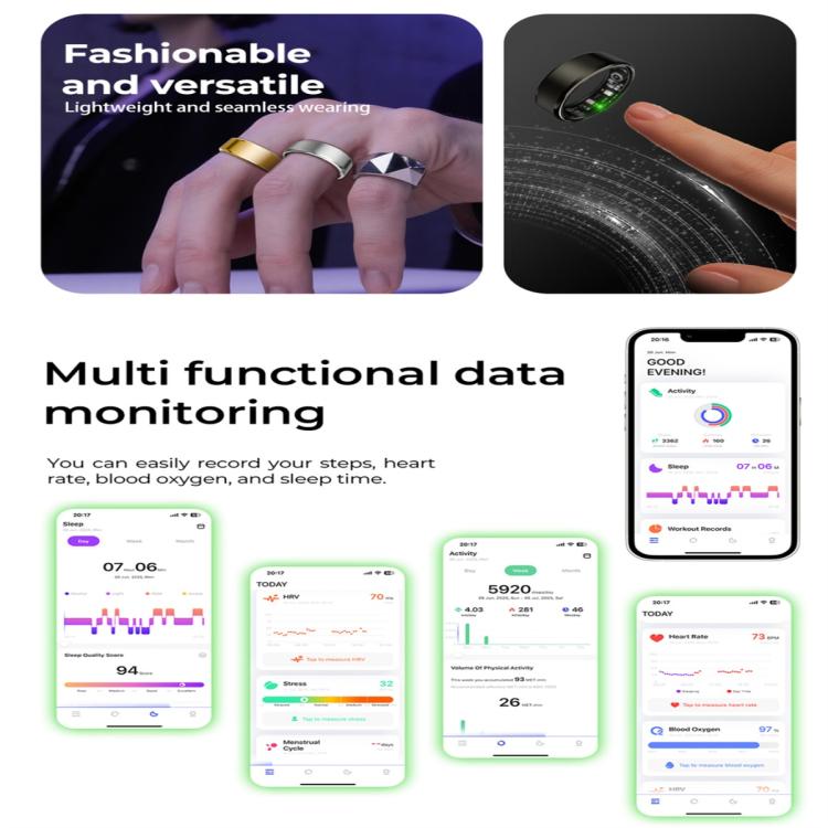 R100 SIZE 12 Smart Ring, Support Heart Rate / Blood Oxygen / Sleep Monitoring / Remote Photography