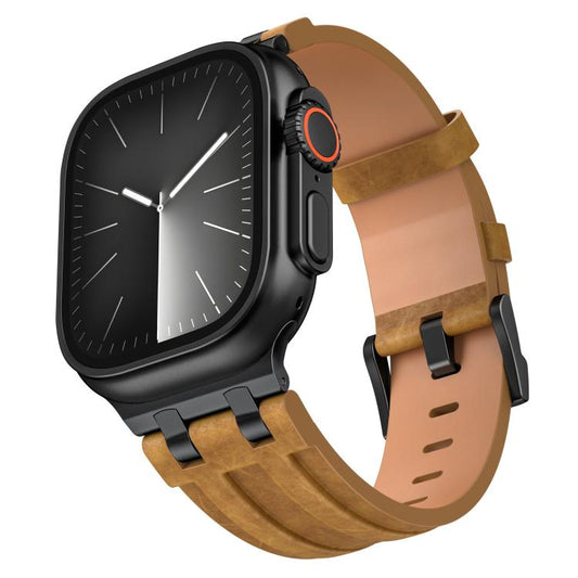 Crazy Horse Vegan Leather Stainless Steel Black Buckle Watch Band, For Apple Watch 46mm / 49mm / 45mm / 44mm