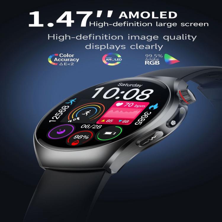 ET460 1.47 inch Color Screen BT Calling Smart Watch Vegan Leather Strap, Support Health Monitoring / ECG