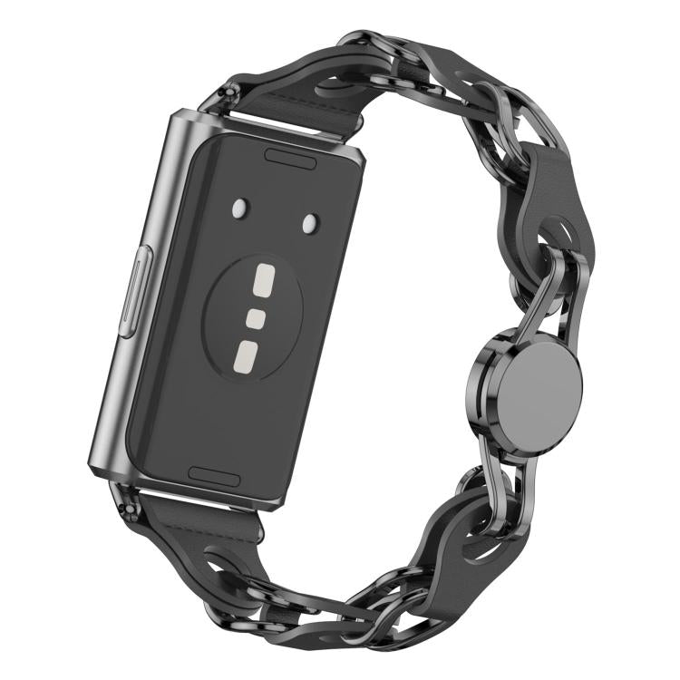 Stylish Hollow Vegan Leather Chain Metal Watch Band, For Huawei Band 11 / Band 11 Pro