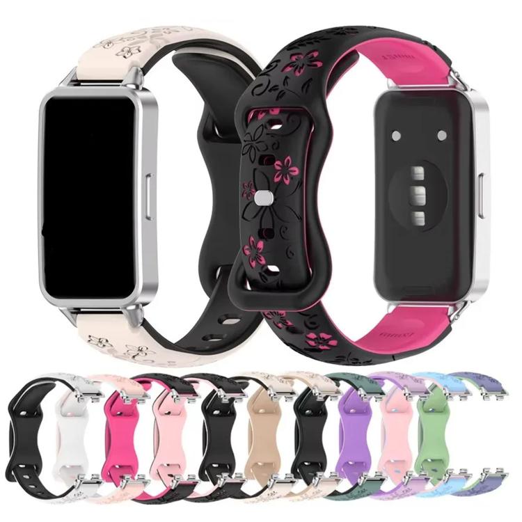 Laser Engraved Floral Reverse Buckle Two Color Watch Band, For Huawei Band 11 / Band 11 Pro