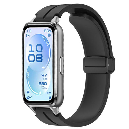 Folding Magnetic Black Clasp Solid Color Silicone Watch Band, For Huawei Band 11 / Band 11 Pro