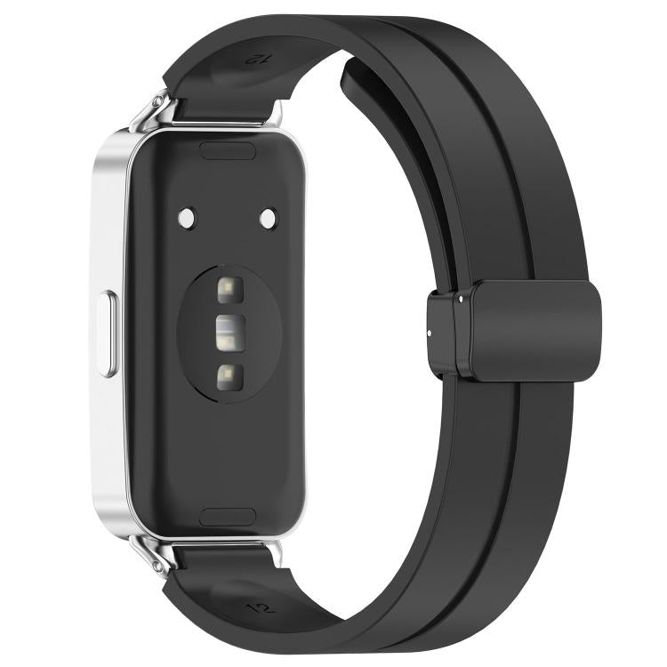 Folding Magnetic Black Clasp Solid Color Silicone Watch Band, For Huawei Band 11 / Band 11 Pro