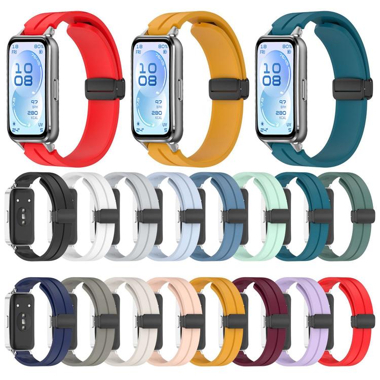 Folding Magnetic Black Clasp Solid Color Silicone Watch Band, For Huawei Band 11 / Band 11 Pro