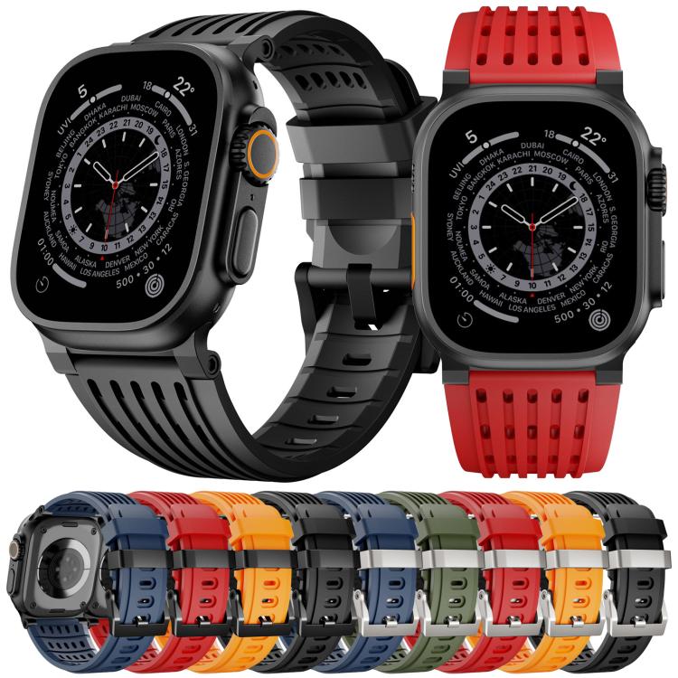 Double Ring Stainless Steel Pin Buckle Breathable Silicone Watch Band, For Apple Watch 46mm / 49mm / 45mm / 44mm