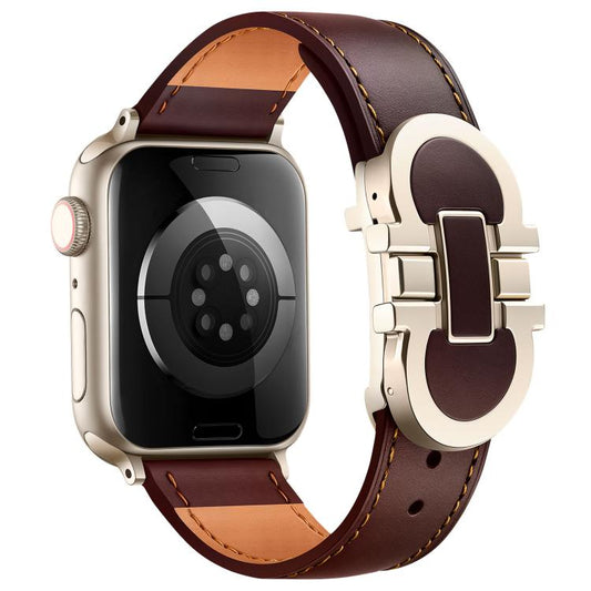 Double G Magnetic Buckle Genuine Leather Watch Band, For Apple Watch 46mm / 49mm / 45mm / 44mm, For Apple Watch 42mm / 41mm / 40mm / 38mm