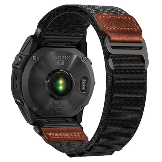 Retro Vegan Leather Label Alpine Nylon Loop Watch Band, For Gamin 26mm, For Gamin 22mm, For Gamin 20mm