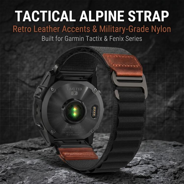 Retro Vegan Leather Label Alpine Nylon Loop Watch Band, For Gamin 26mm, For Gamin 22mm, For Gamin 20mm