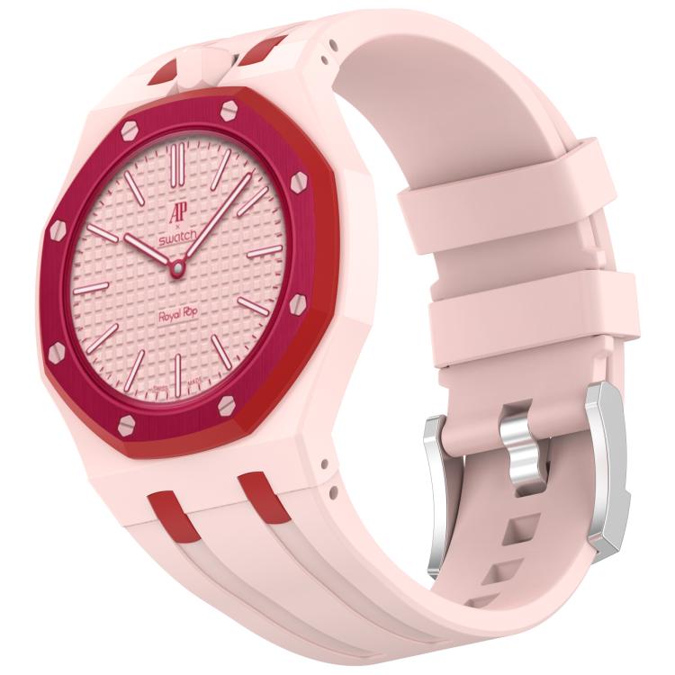 Integrated Stainless Steel Pin Buckle Contrast Color Silicone Watch Band, For Swatch Royal Pop