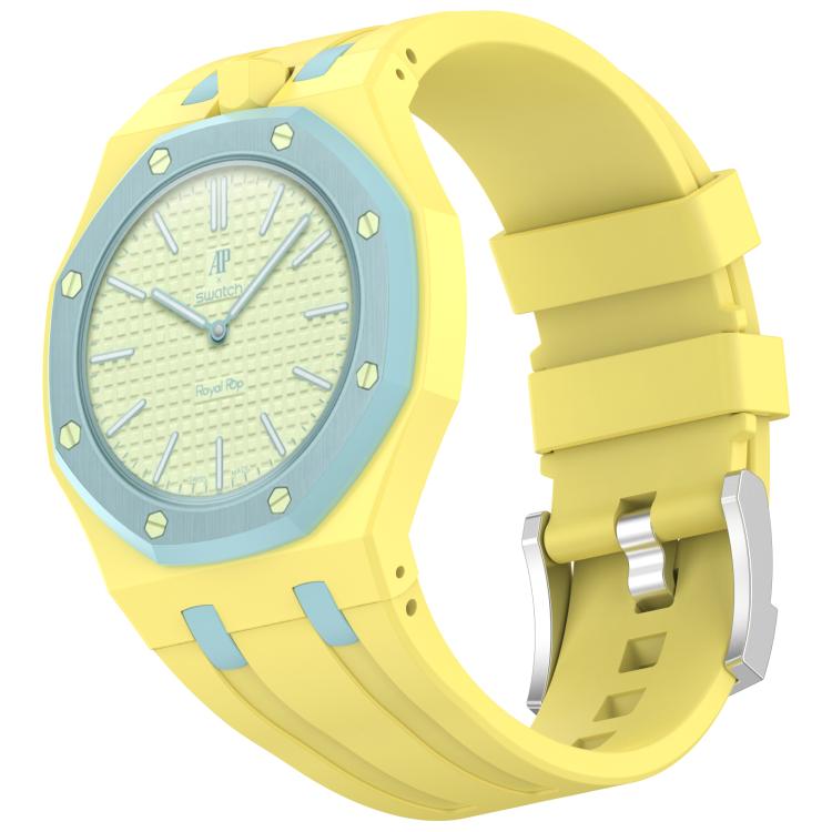 Integrated Stainless Steel Pin Buckle Contrast Color Silicone Watch Band, For Swatch Royal Pop