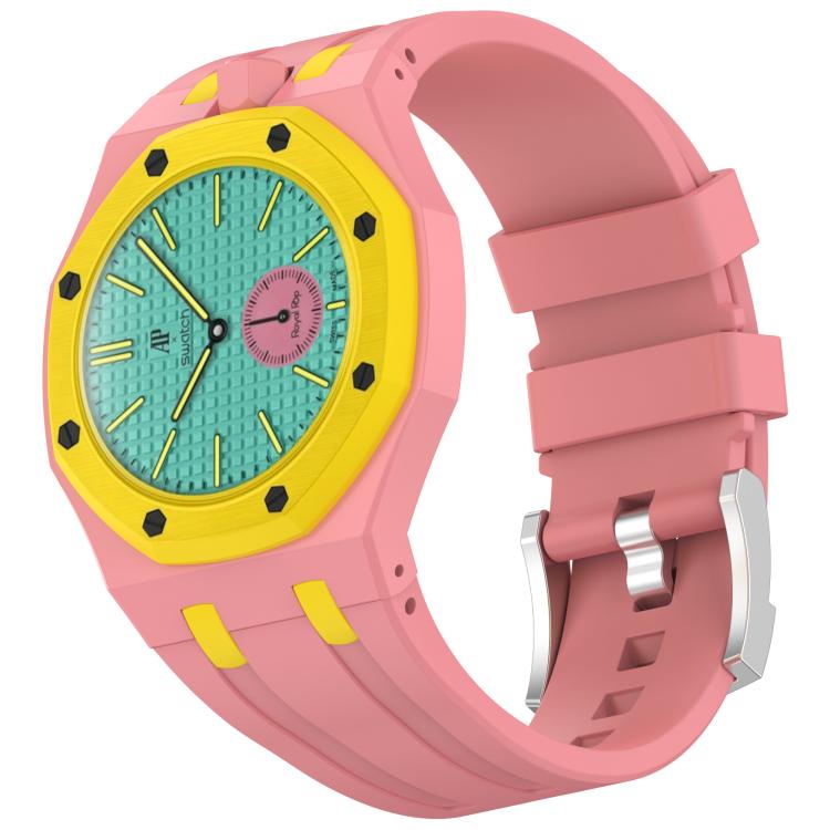 Integrated Stainless Steel Pin Buckle Contrast Color Silicone Watch Band, For Swatch Royal Pop