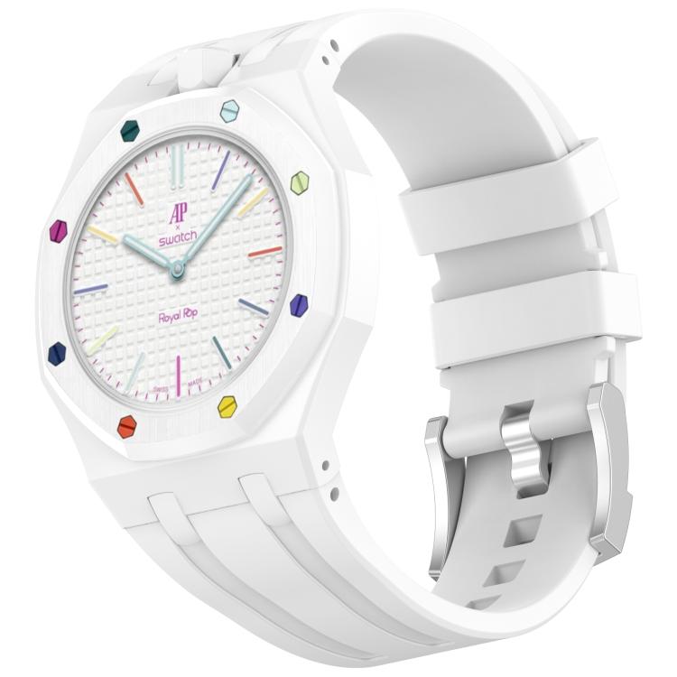Integrated Stainless Steel Pin Buckle Contrast Color Silicone Watch Band, For Swatch Royal Pop
