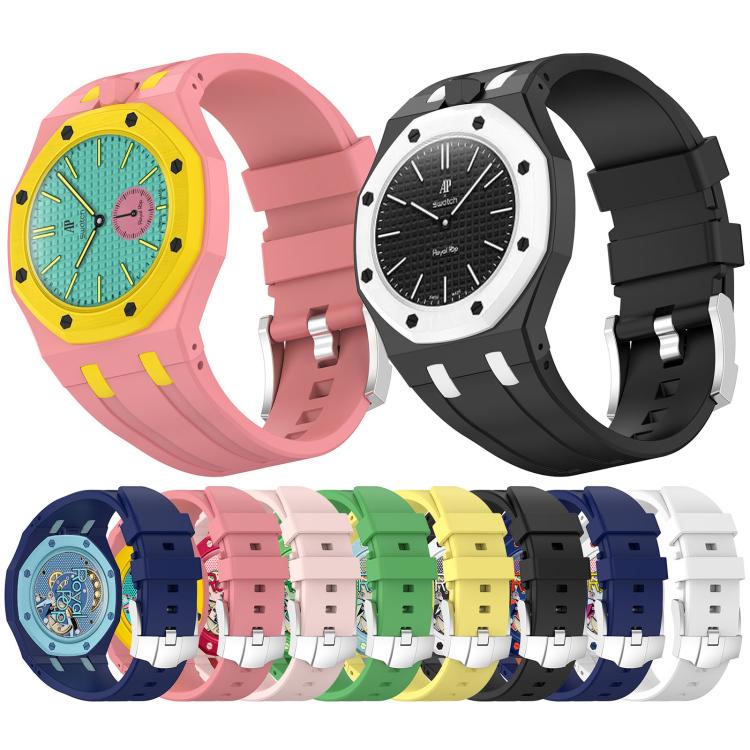 Integrated Stainless Steel Pin Buckle Contrast Color Silicone Watch Band, For Swatch Royal Pop