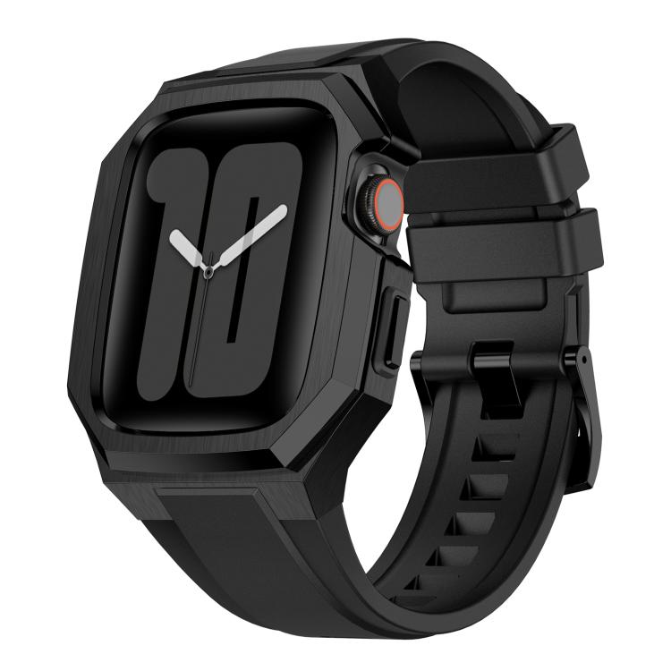 Stainless Steel Protective Case Integrated Fluororubber Watch Band, For Apple Watch Series SE / 6 / 5 / 4 44mm, For Apple Watch Series 11 / 10 46mm, For Apple Watch Series 9 / 8 / 7 45mm