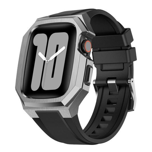 Stainless Steel Protective Case Integrated Fluororubber Watch Band, For Apple Watch Series SE / 6 / 5 / 4 44mm, For Apple Watch Series 11 / 10 46mm, For Apple Watch Series 9 / 8 / 7 45mm