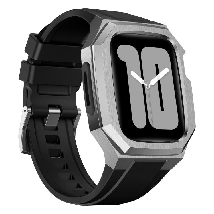 Stainless Steel Protective Case Integrated Fluororubber Watch Band, For Apple Watch Series SE / 6 / 5 / 4 44mm, For Apple Watch Series 11 / 10 46mm, For Apple Watch Series 9 / 8 / 7 45mm