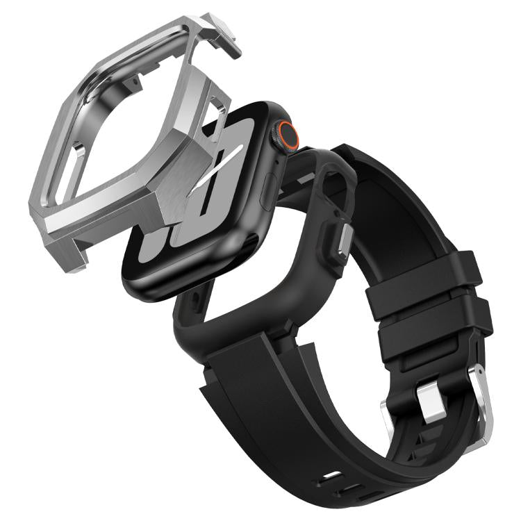 Stainless Steel Protective Case Integrated Fluororubber Watch Band, For Apple Watch Series SE / 6 / 5 / 4 44mm, For Apple Watch Series 11 / 10 46mm, For Apple Watch Series 9 / 8 / 7 45mm