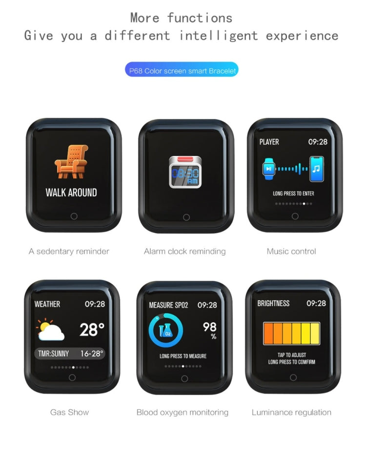 P68 Smart Watches Heart Rate Monitor Blood Pressure Activity Tracker for Xiaomi Band 3 Huawei Color Band 2, TBD056989501A, TBD056989501B, TBD056989501C, TBD056989501D, TBD056989501E, TBD056989501F, TBD056989501G