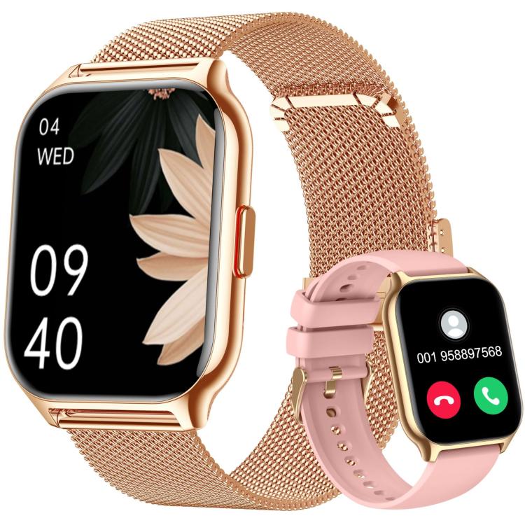 Blood Oxygen / Sleep / Heart Rate Health Monitoring Smart Watch Square Sports Double Strap Watch, Black Steel+Silicone Black, Gold Steel+Silicone Pink