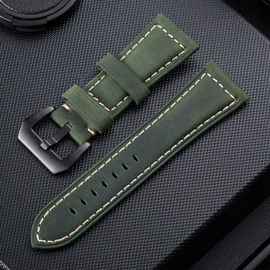 Crazy Horse Layer Frosted Black Buckle Watch Leather Watch Band, Size: 24mm