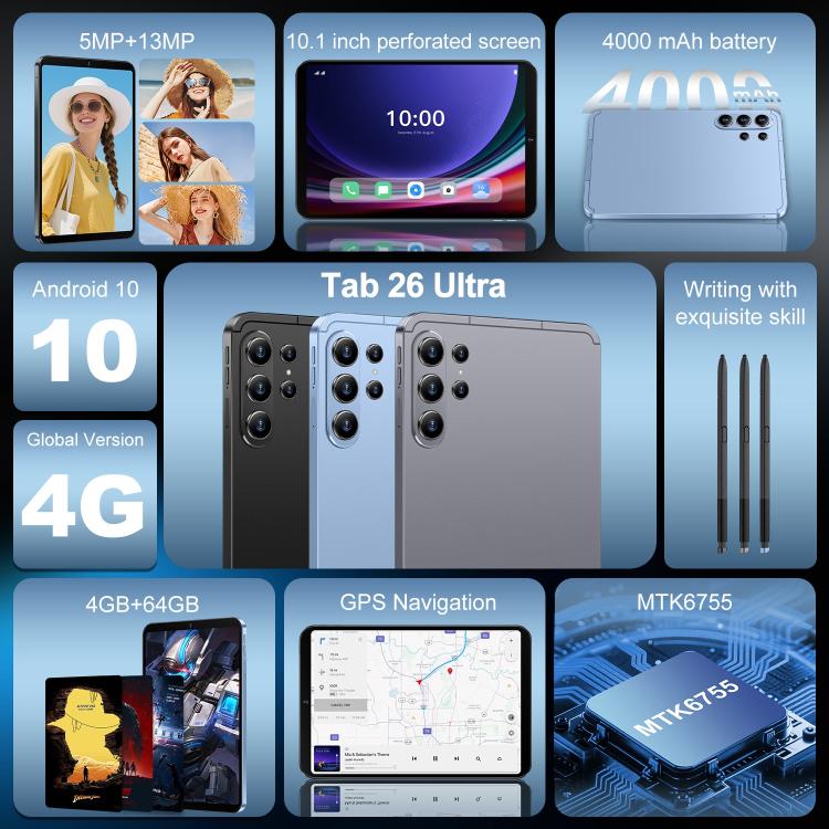 Tab 26 Ultra 10.1 inch 4G LTE Tablet PC, 4GB+64GB, Android 10 MTK6755 Octa Core, AU Plug, AU Plug